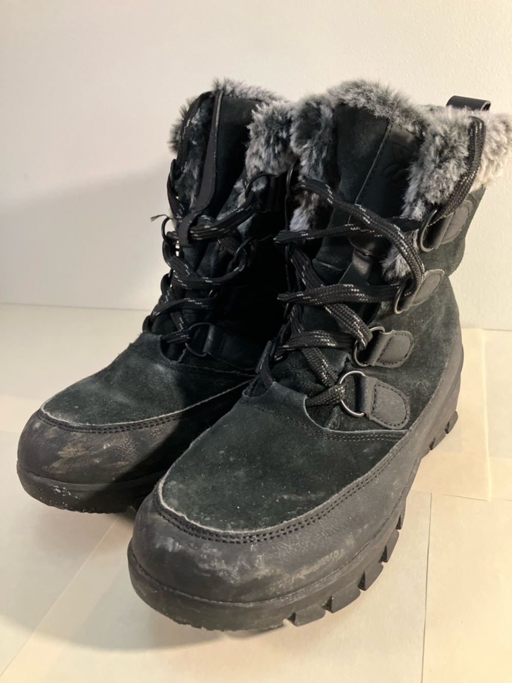 Black Lace-Up Faux Fur Winter Boots